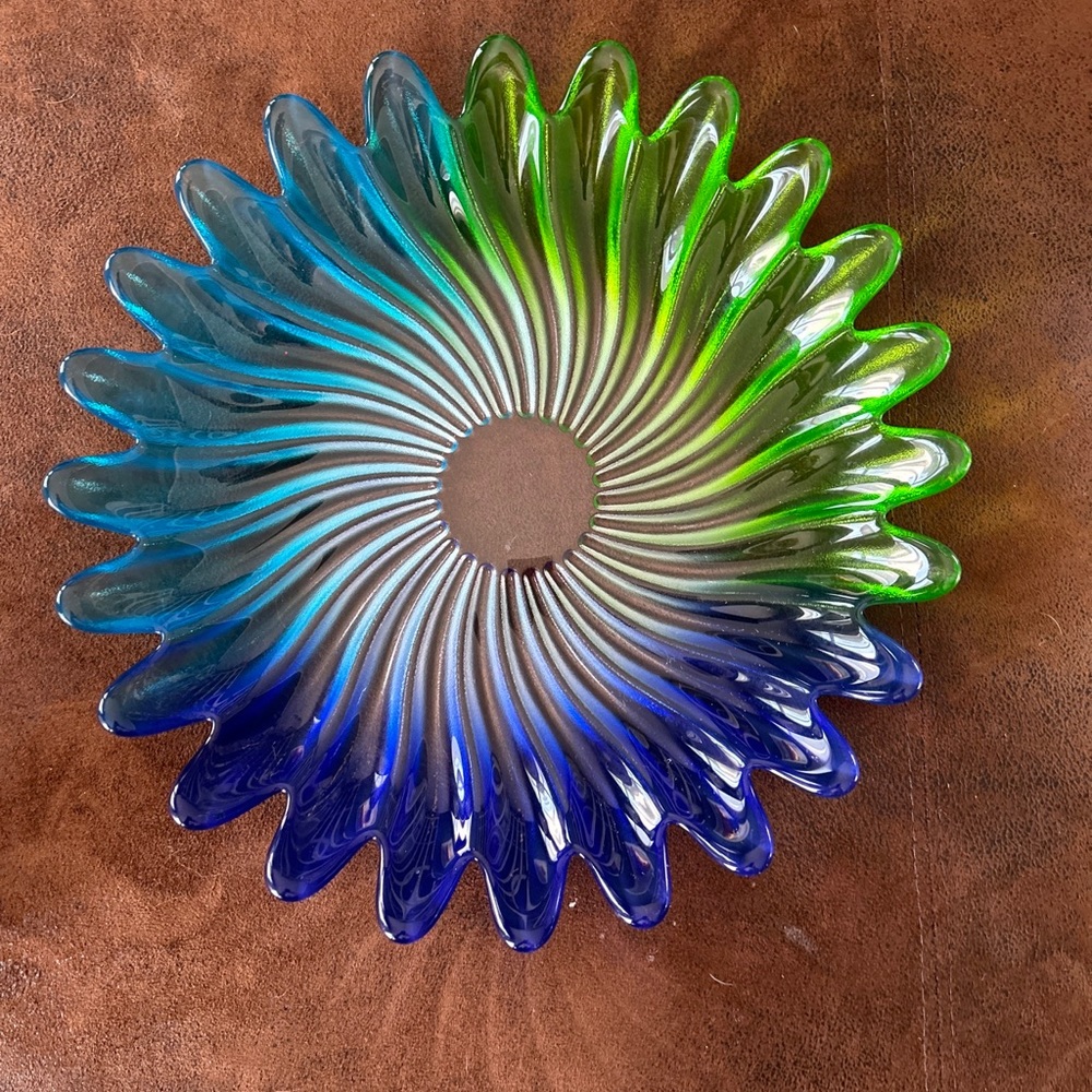 Liebenstern Walther Serving Platter Glass Blue Green Swirl 12.75" Plate Blenko